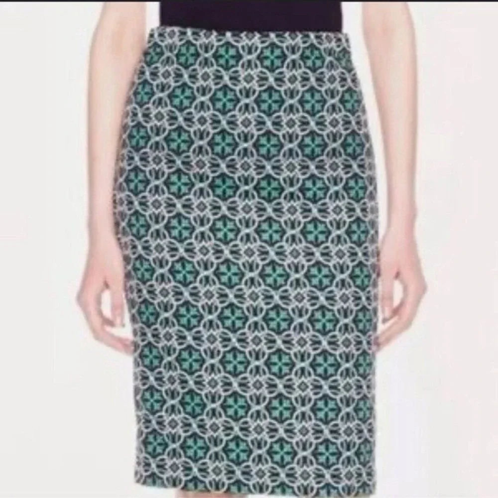J. Crew Black‎ Label Navy & Green Lattice Medallion Print Pencil Skirt size 6